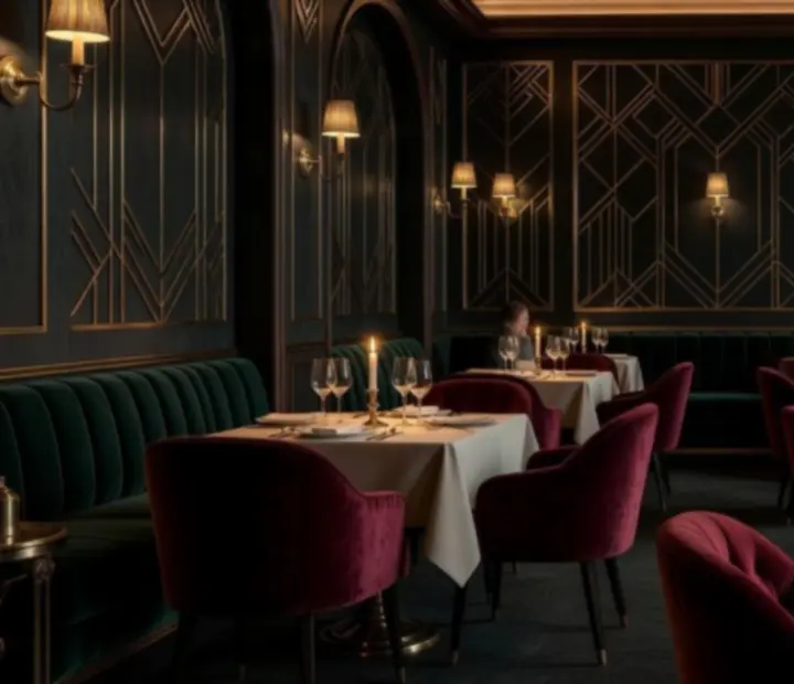 Wieczorna restauracja w stylu art déco z eleganckimi stolikami i nastrojowym oświetleniem