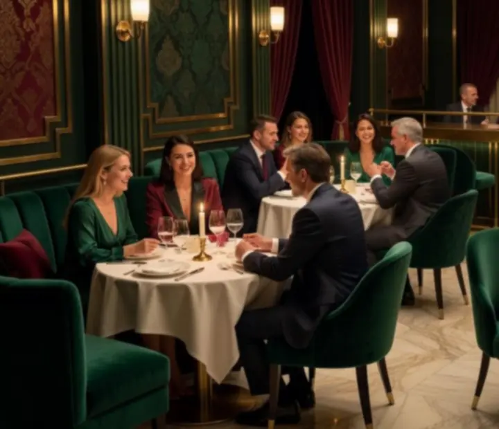 Wieczorna atmosfera w restauracji z nastrojowym oświetleniem, świecami i art deco detalami.