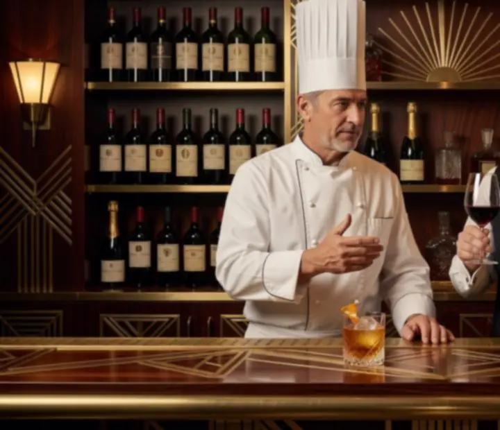 Szef Kuchni i sommelier przy eleganckim barze w restauracji o klimacie Art Deco