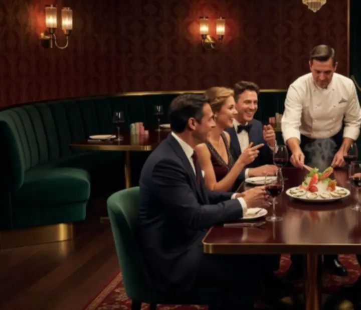 Goście przy stole Szefa Kuchni podczas wieczornej kolacji w restauracji z salonem kart