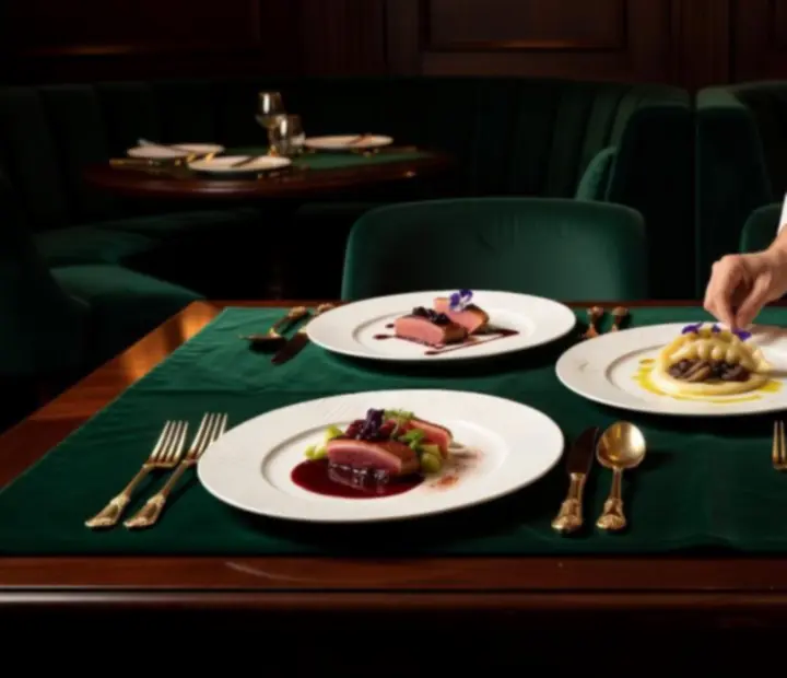 Degustacyjne menu Szefa Kuchni podane na eleganckim stole w restauracji o klimacie Art Deco