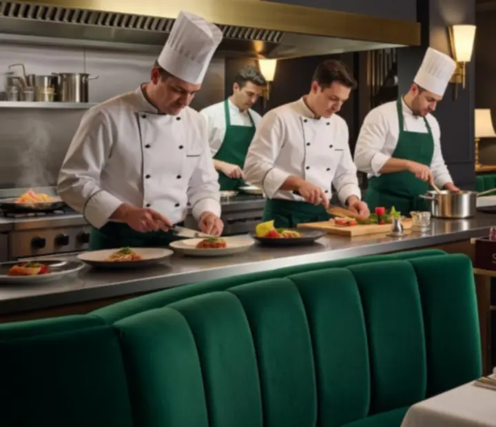 Zespół restauracji pracujący w eleganckim wnętrzu z motywami Art Deco