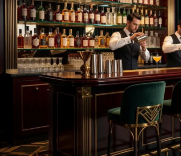 Ekskluzywny bar koktajlowy w stylu art déco z butelkami na szklanych półkach