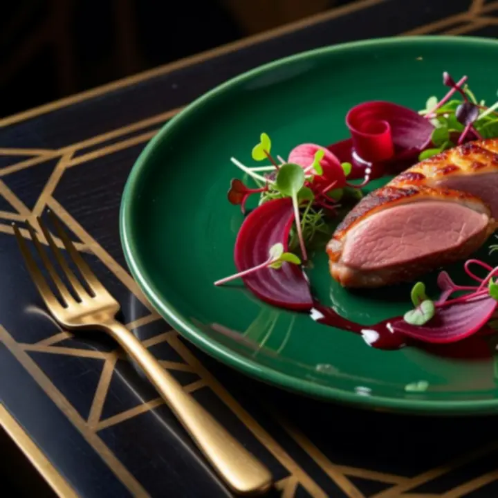 Wykwintne danie autorskie w stylu fine dining na ciemnym talerzu w eleganckiej restauracji.