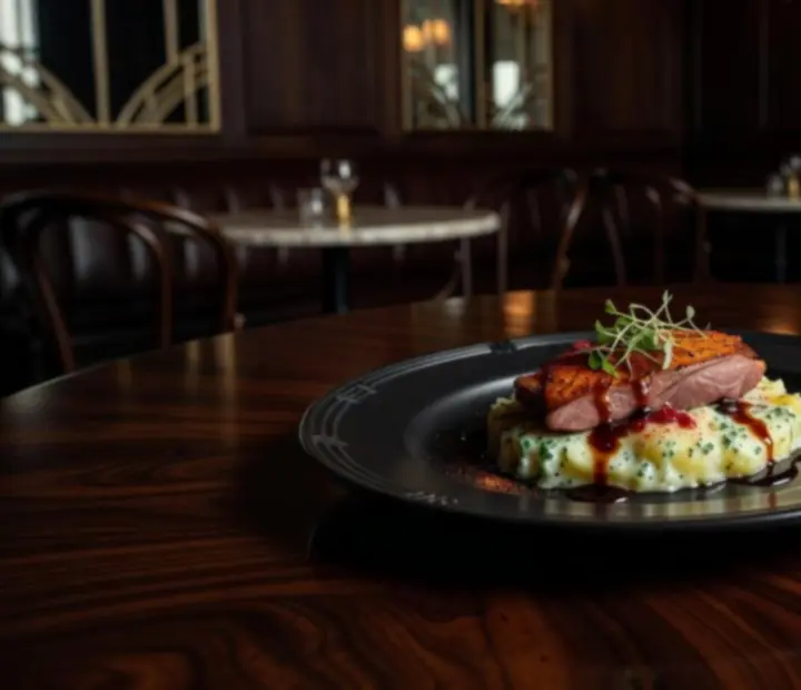 Wykwintne danie autorskie w eleganckiej restauracji ADSIGHT LTD w otoczeniu kart do gry i żetonów