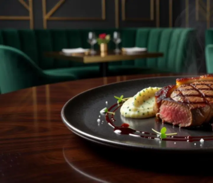 Soczysty stek szefa kuchni serwowany na ciemnym talerzu w elegancznej restauracji
