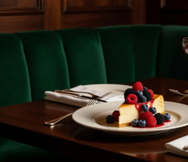 Luksusowy deser w eleganckiej restauracji na ciemnym tle z art deco detalami.