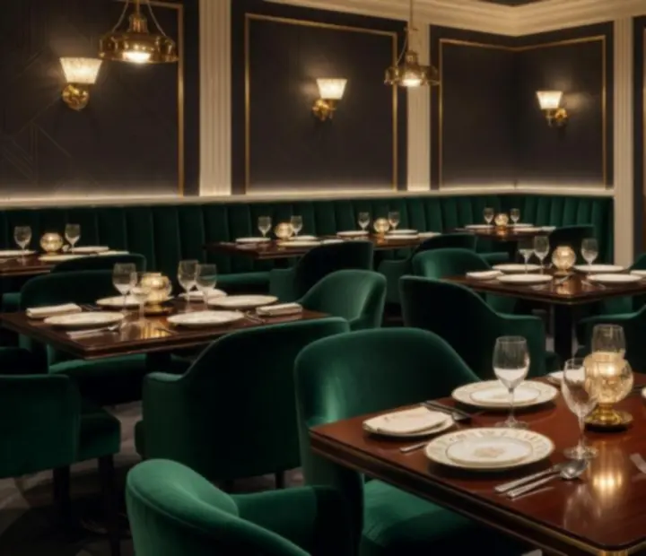 Eleganckie wnętrze restauracji ADSIGHT LTD z nakrytymi stołami i dyskretnie wkomponowanymi stołami pokerowymi oraz stołem ruletkowym