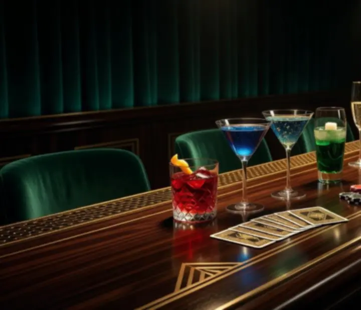 Art deco bar z koktajlami, szkłem i mosiężnymi detalami w wieczornej atmosferze.