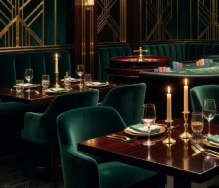 Eleganckie wnętrze restauracji ADSIGHT LTD z art deco, nakrytymi stołami i subtelną strefą salonu kart z pokerem, ruletką i blackjackiem w wieczornej atmosferze.
