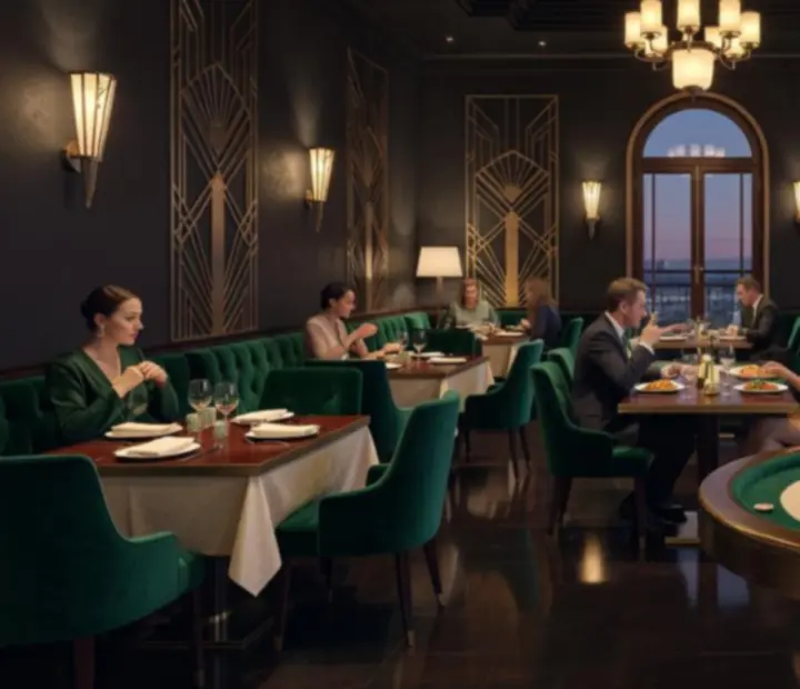 Eleganckie wnętrze restauracji ADSIGHT LTD z nakrytymi stołami i stołem ruletkowym w stylu Art Deco