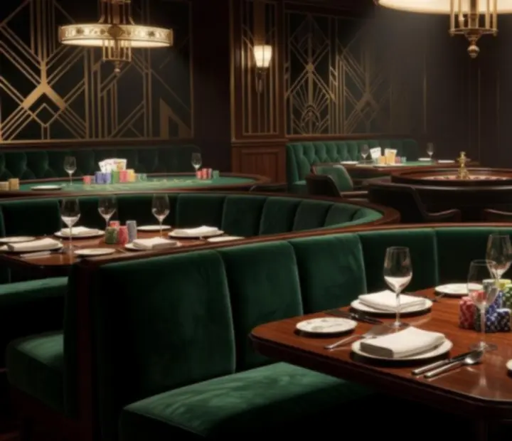 Elegancki salon kart w restauracji ADSIGHT LTD z pokerowym stołem, żetonami i art deco detalami.