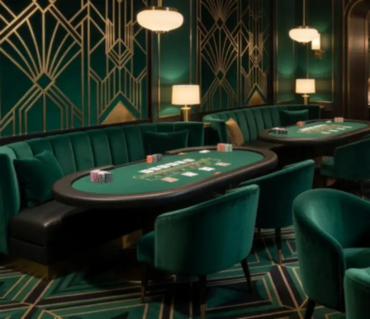 Intymny salon kart z aksamitnymi fotelami i stołami w restauracji ADSIGHT LTD
