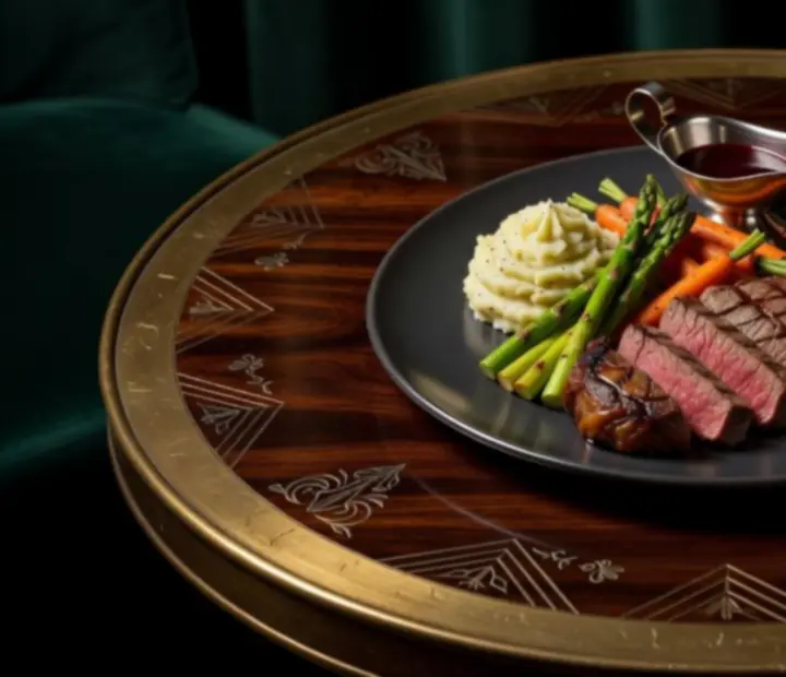Soczysty stek serwowany w eleganckiej restauracji w stylu art déco