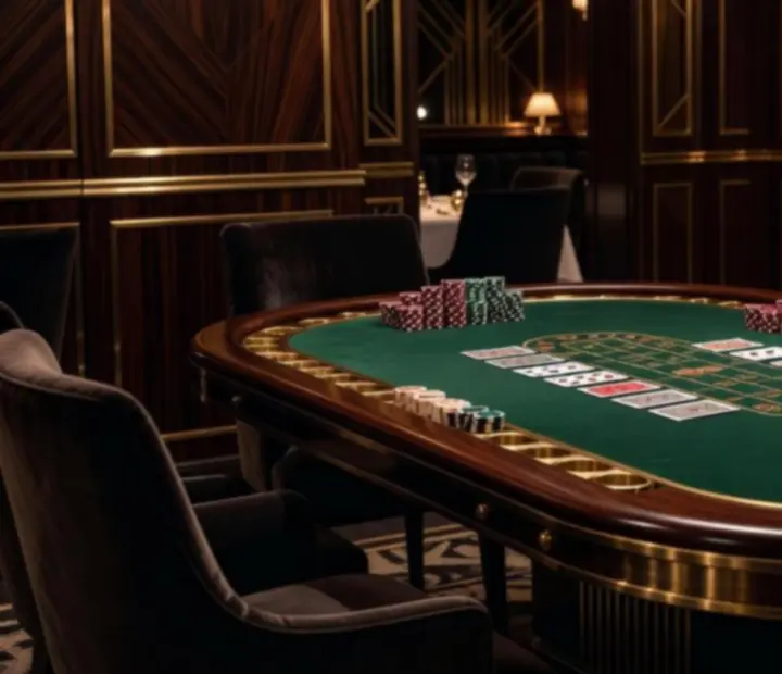 Stół pokerowy i ruletkowy z kartami do gry i żetonami w eleganckiej restauracji.
