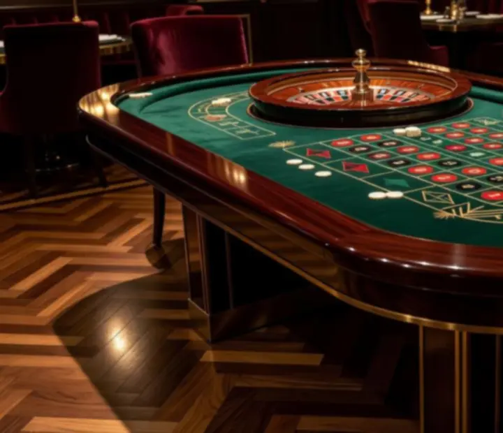 Stół ruletkowy ze szmaragdowym suknem, ciemnym drewnem i art deco detalami w restauracji ADSIGHT LTD