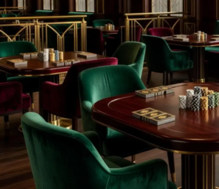 Stoły pokerowe z ciemnego drewna i tapicerowane fotele w restauracji ADSIGHT LTD