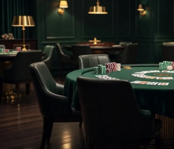 Wieczorna sala kart z pokerem, stołem ruletkowym i żetonami w eleganckim wnętrzu restauracji