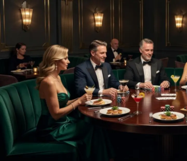Artystycznie oświetlony wieczór pokerowy przy eleganckim stole w restauracji ADSIGHT LTD