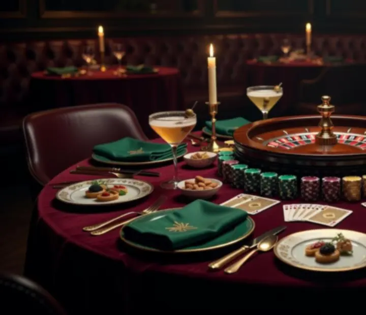 Stół restauracyjny z eleganckimi przekąskami oraz subtelnymi elementami kasynowymi jak karty i żetony.