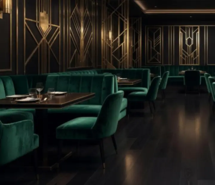 Luksusowe wnętrze restauracji ADSIGHT LTD z ciemnym drewnem, zielonym aksamitem i mosiężnymi detalami